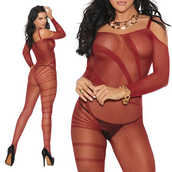 Elegant Moments Other - Burgundy Cold Shoulder Long Sleeve Mesh Bodystocking